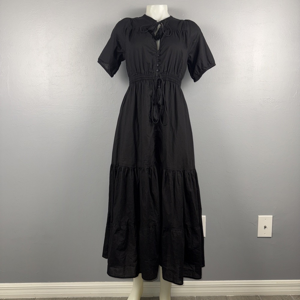 Saks Fifth Avenue  Tiered Midi Dress Women's S Black Short Sleeve Bohemian